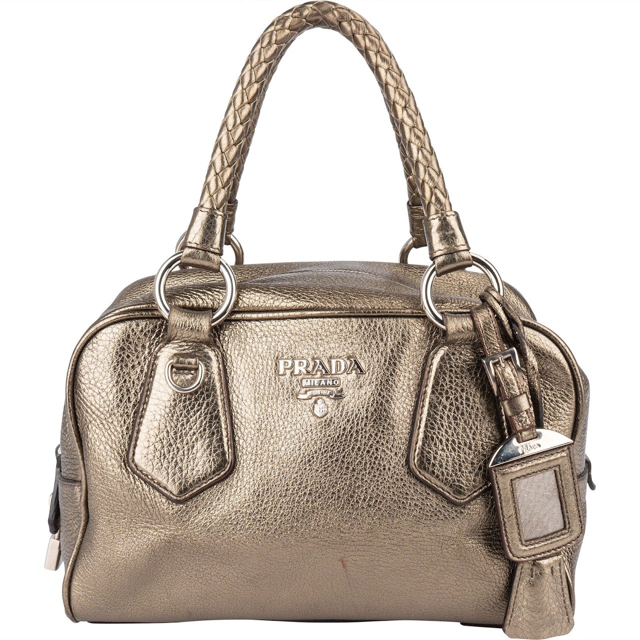 Prada Prada Metallic Pebbled Leather Bauletto Handbag Goud