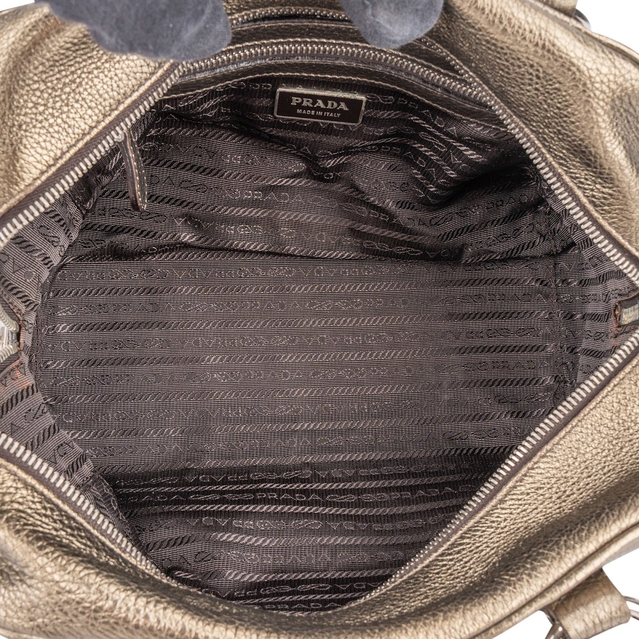 Prada Prada Metallic Pebbled Leather Bauletto Handbag Goud