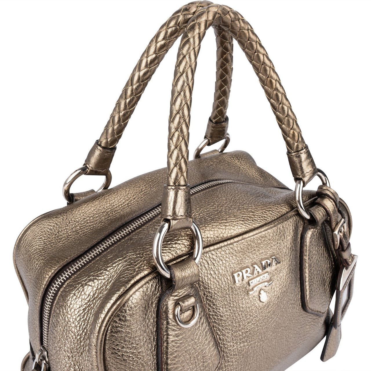 Prada Prada Metallic Pebbled Leather Bauletto Handbag Goud
