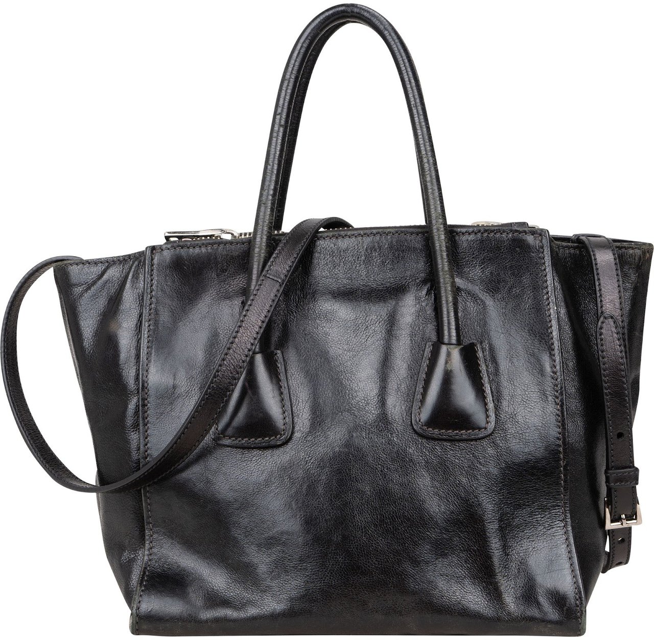 Prada Prada Nero Calf Leather Tote Handbag Zwart