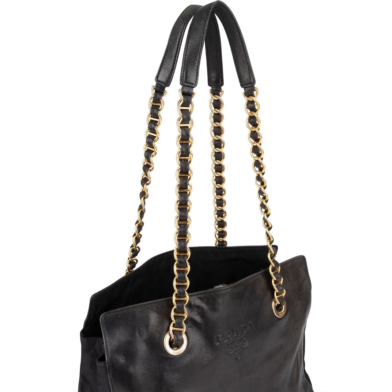 Prada Prada Nylon and Leather Chain Tote Shoulder Bag Zwart