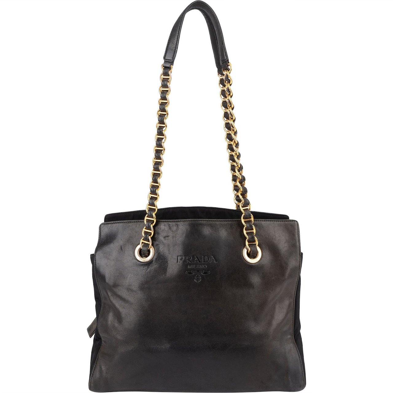 Prada Prada Nylon and Leather Chain Tote Shoulder Bag Zwart