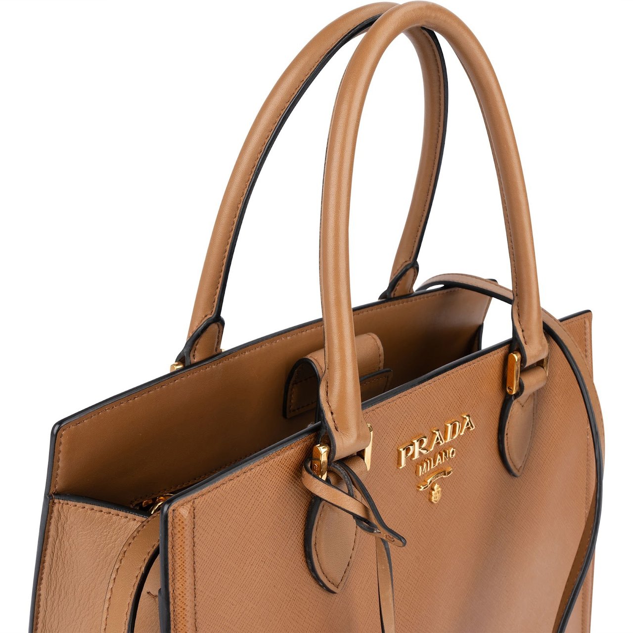 Prada Prada Brown Saffiano and Calf Leather 2Way Handbag Bruin