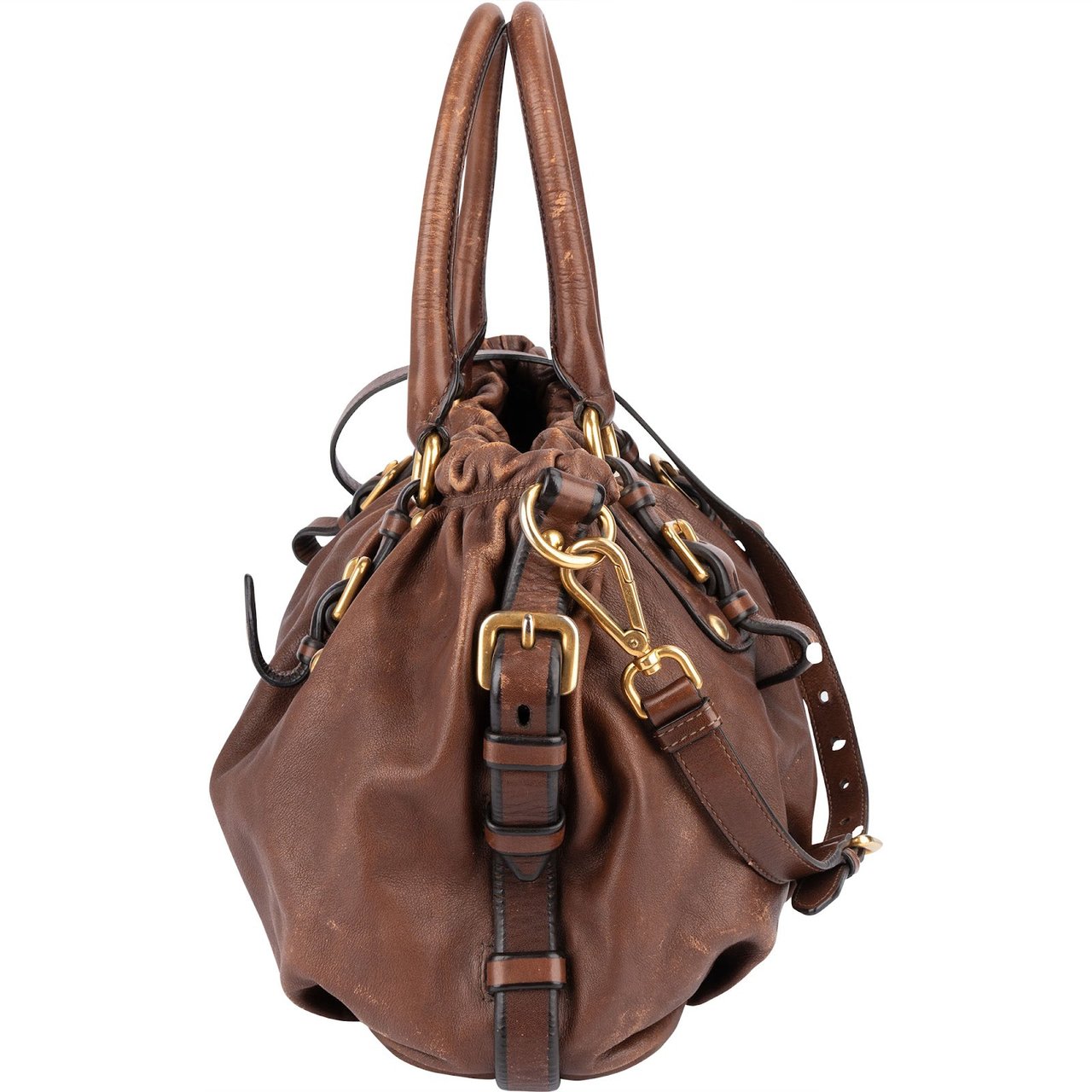 Prada Prada Brown Vitello Daino Satchel Handbag Bruin