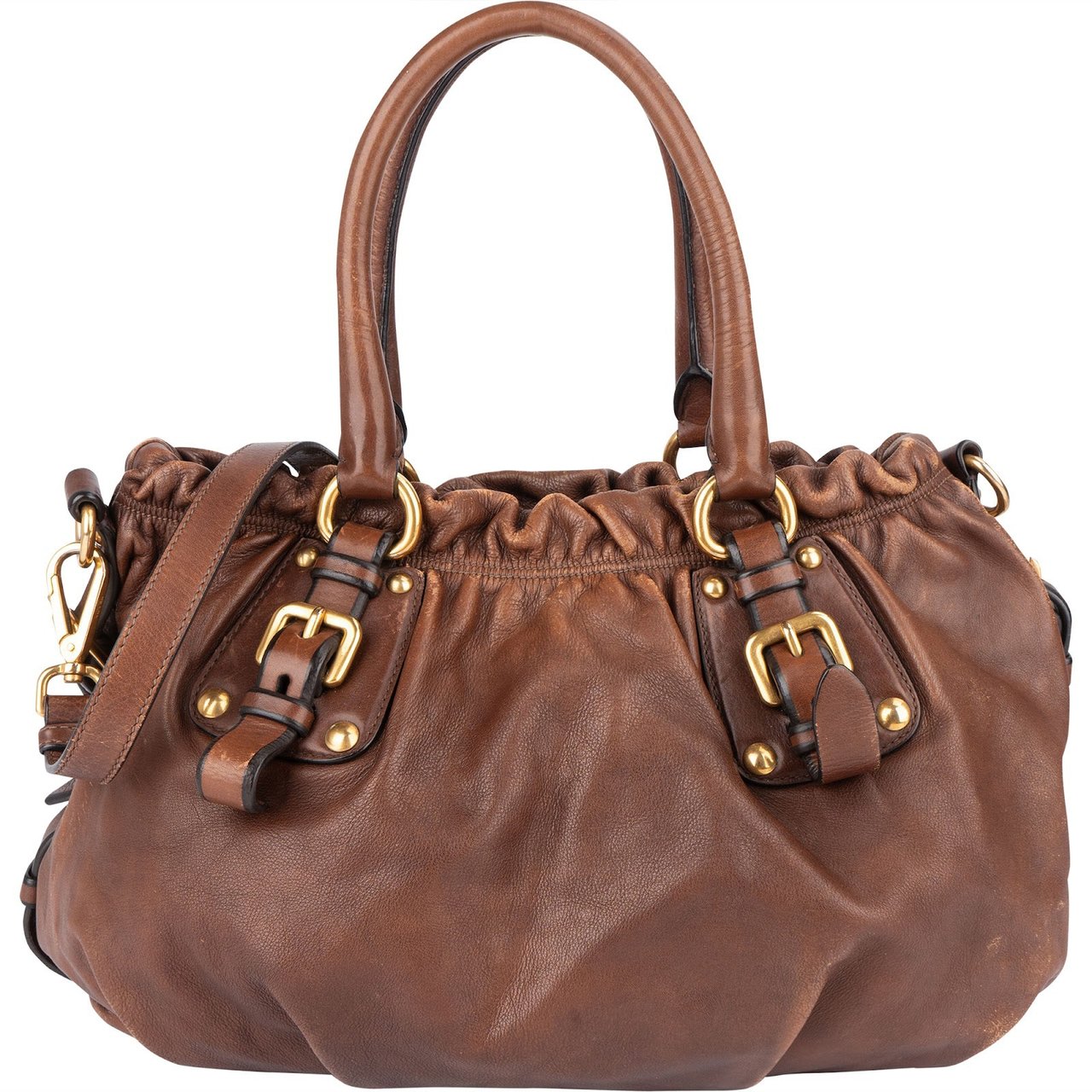 Prada Prada Brown Vitello Daino Satchel Handbag Bruin