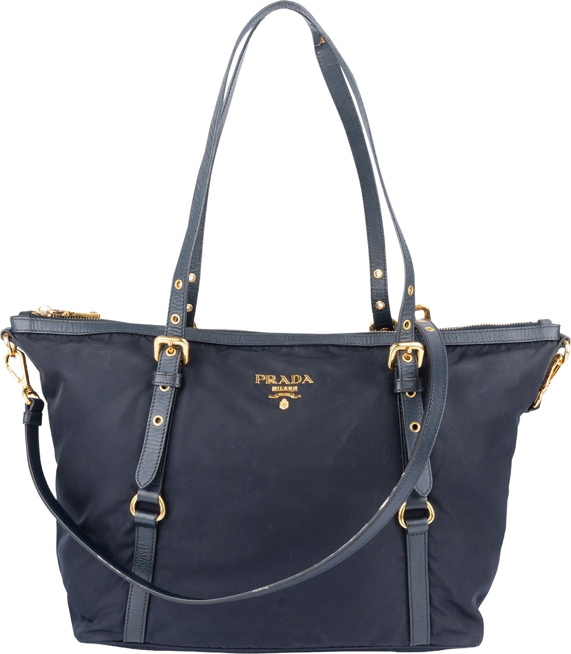 Prada Tessuto Saffiano Leather Tote Shoulder Bag Navy