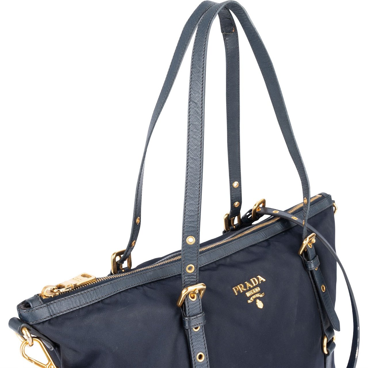 Prada Tessuto Saffiano Leather Tote Shoulder Bag Navy