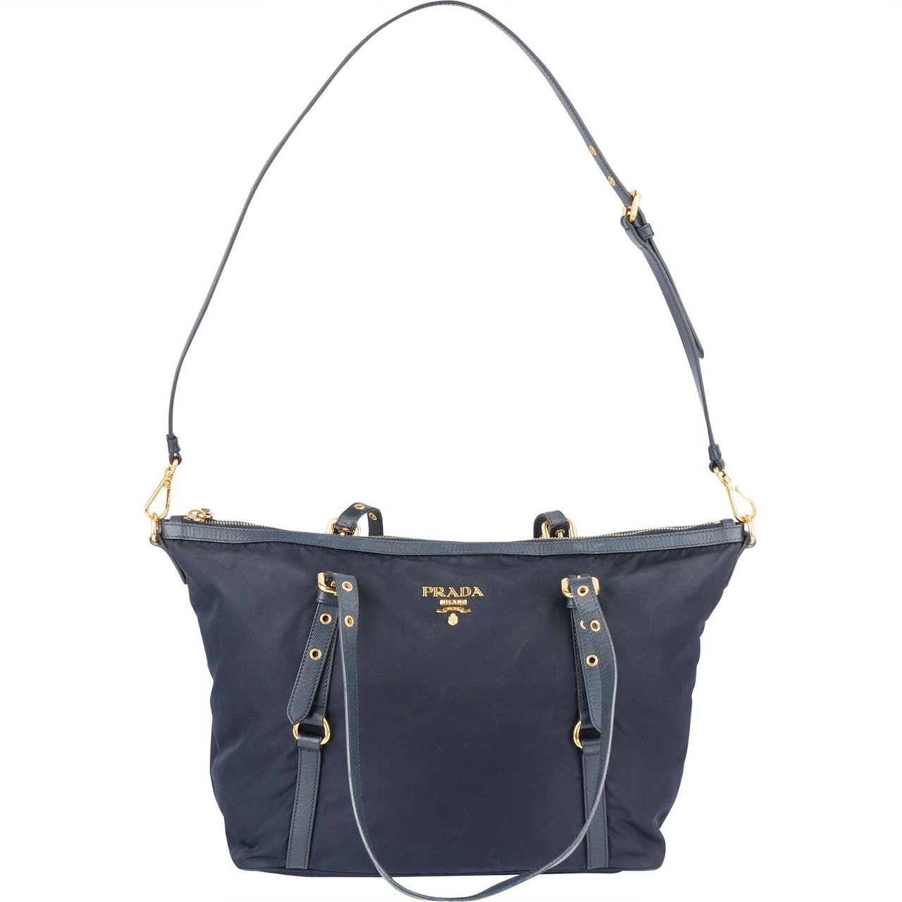 Prada Tessuto Saffiano Leather Tote Shoulder Bag Navy