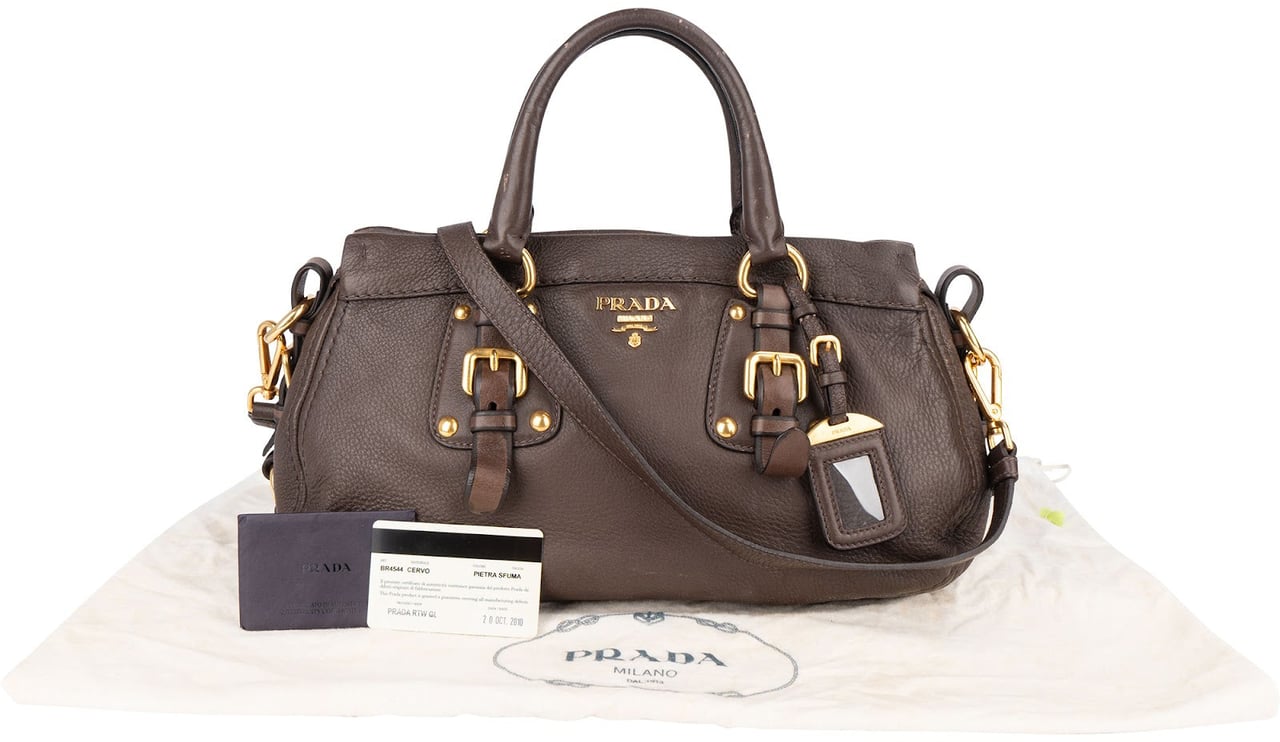 Prada Prada Vitello Daino Bauletto Handbag Bruin