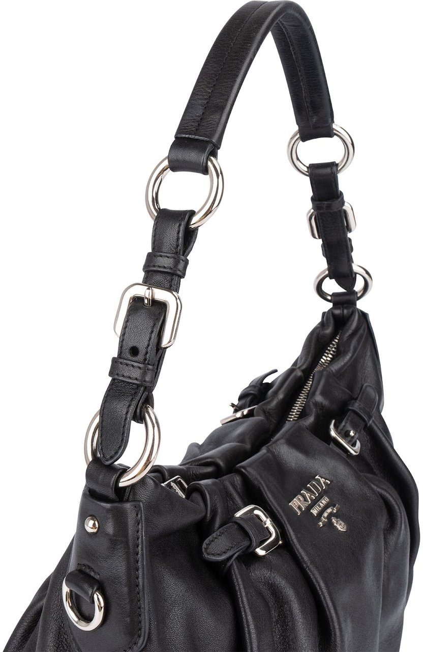Prada Nappa Leather Gaufre Hobo Shoulder Bag Zwart