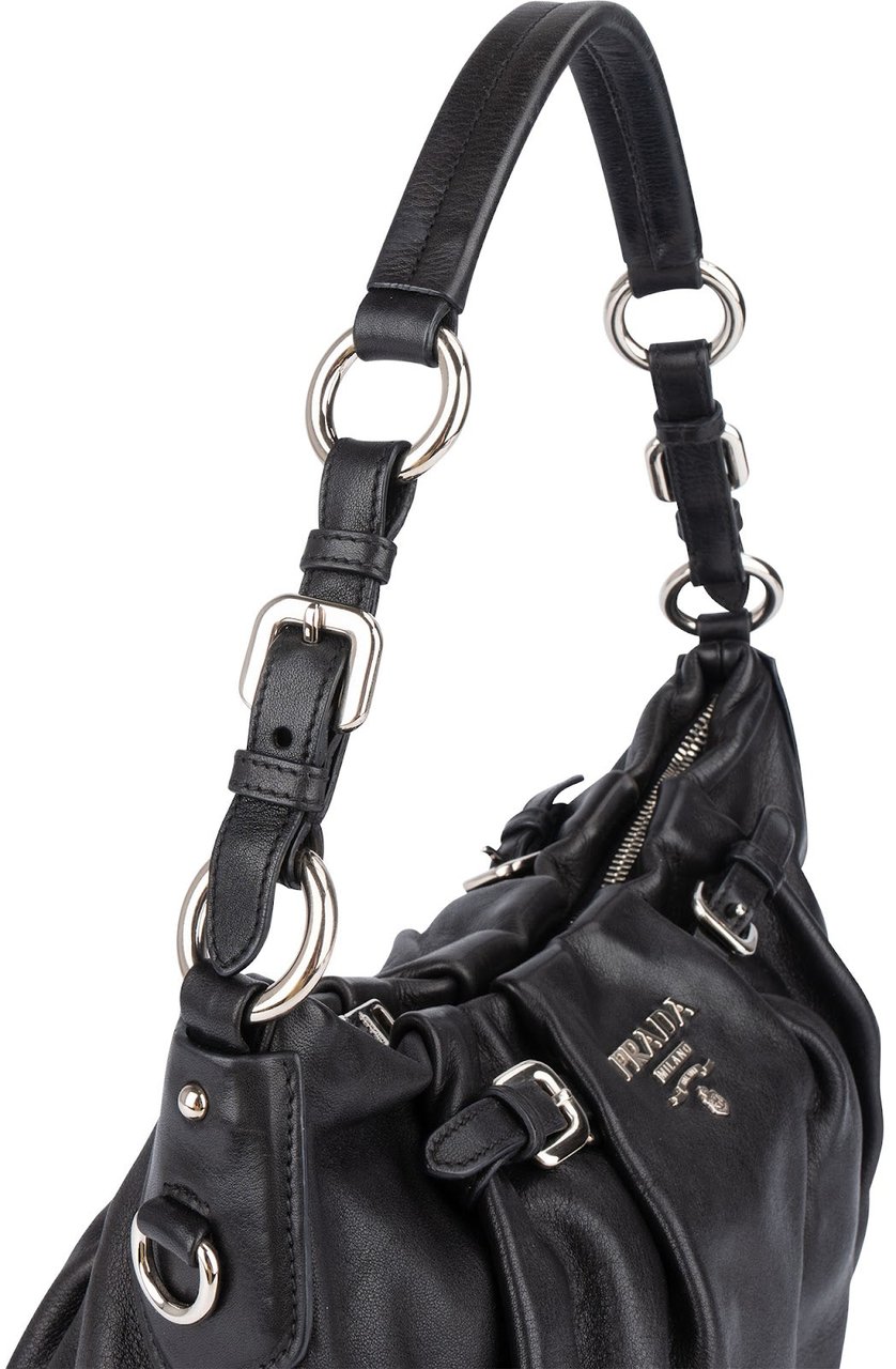 Prada Prada Nappa Leather Gaufre Hobo Shoulder Bag Zwart