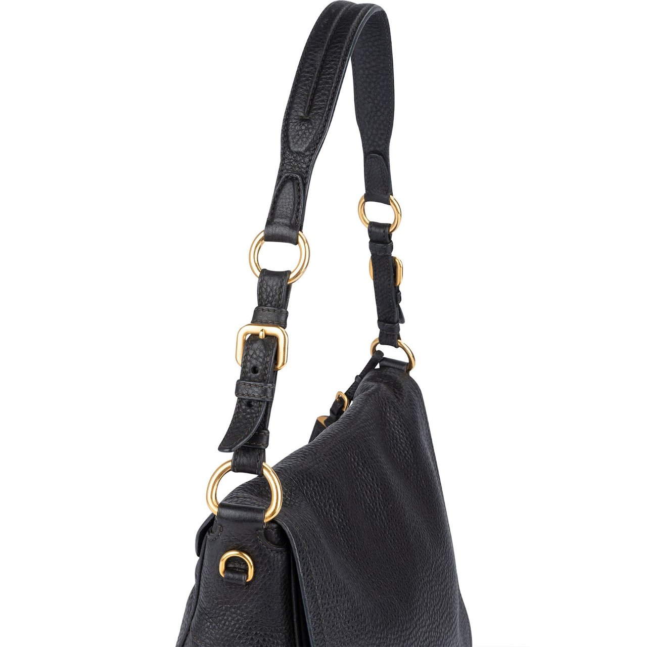 Prada Prada Vitello Daino Flap Hobo Shoulder Bag Zwart