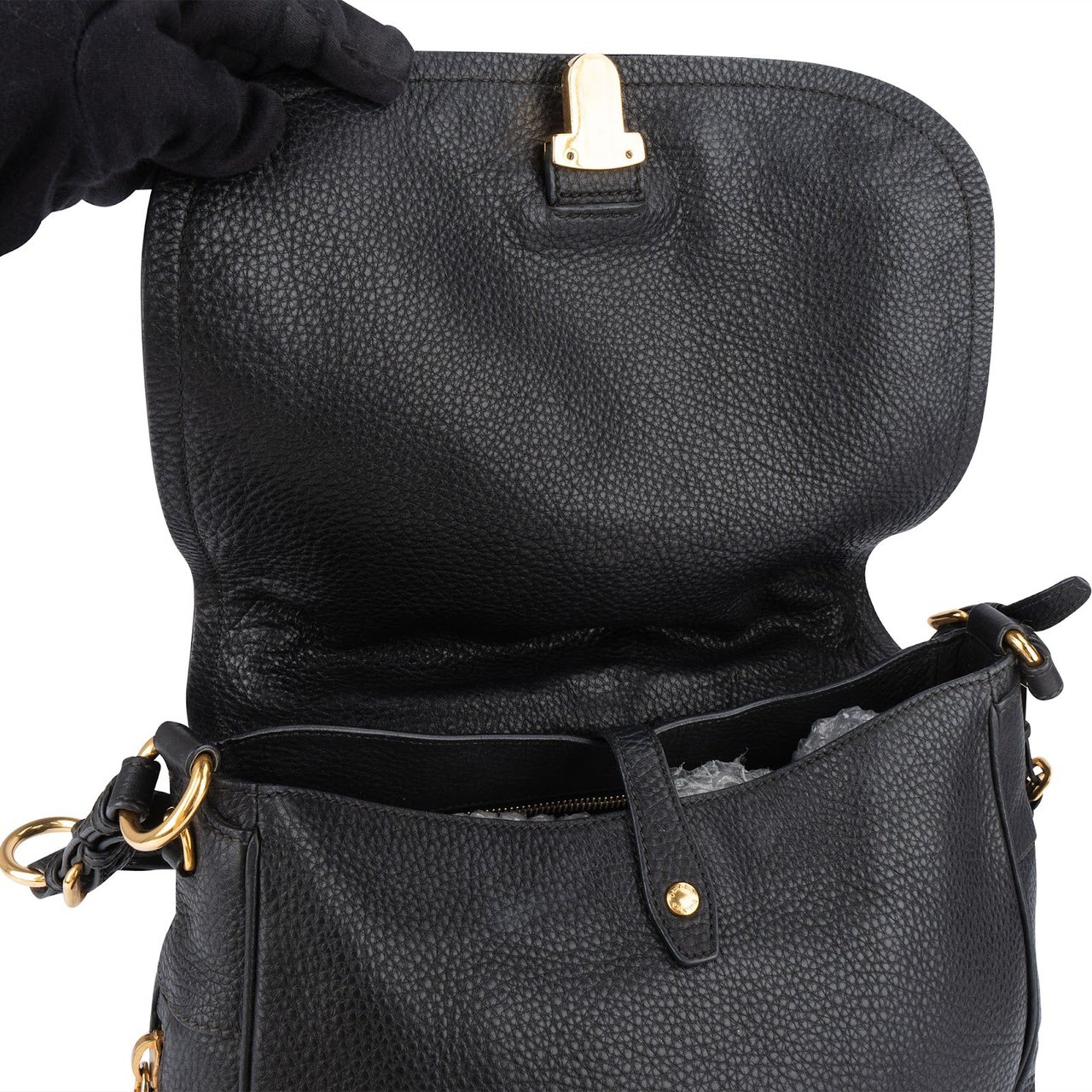 Prada Prada Vitello Daino Flap Hobo Shoulder Bag Zwart