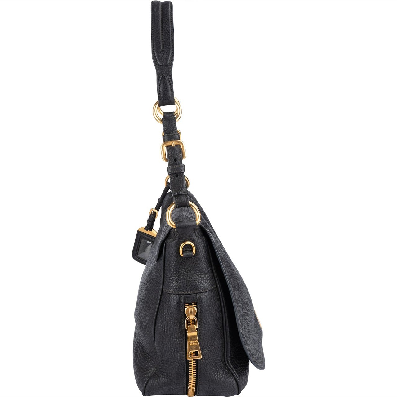 Prada Prada Vitello Daino Flap Hobo Shoulder Bag Zwart