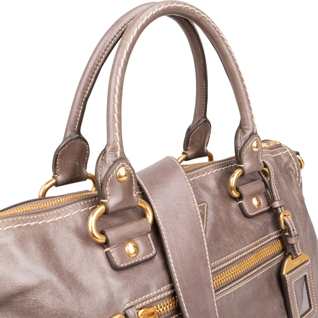 Prada Prada Vitello Lux Leather Bauletto Satchel Handbag Beige