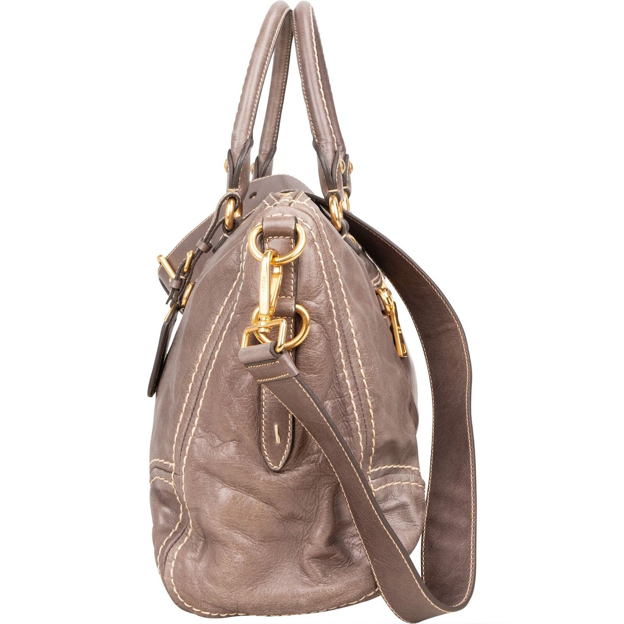 Prada Prada Vitello Lux Leather Bauletto Satchel Handbag Beige