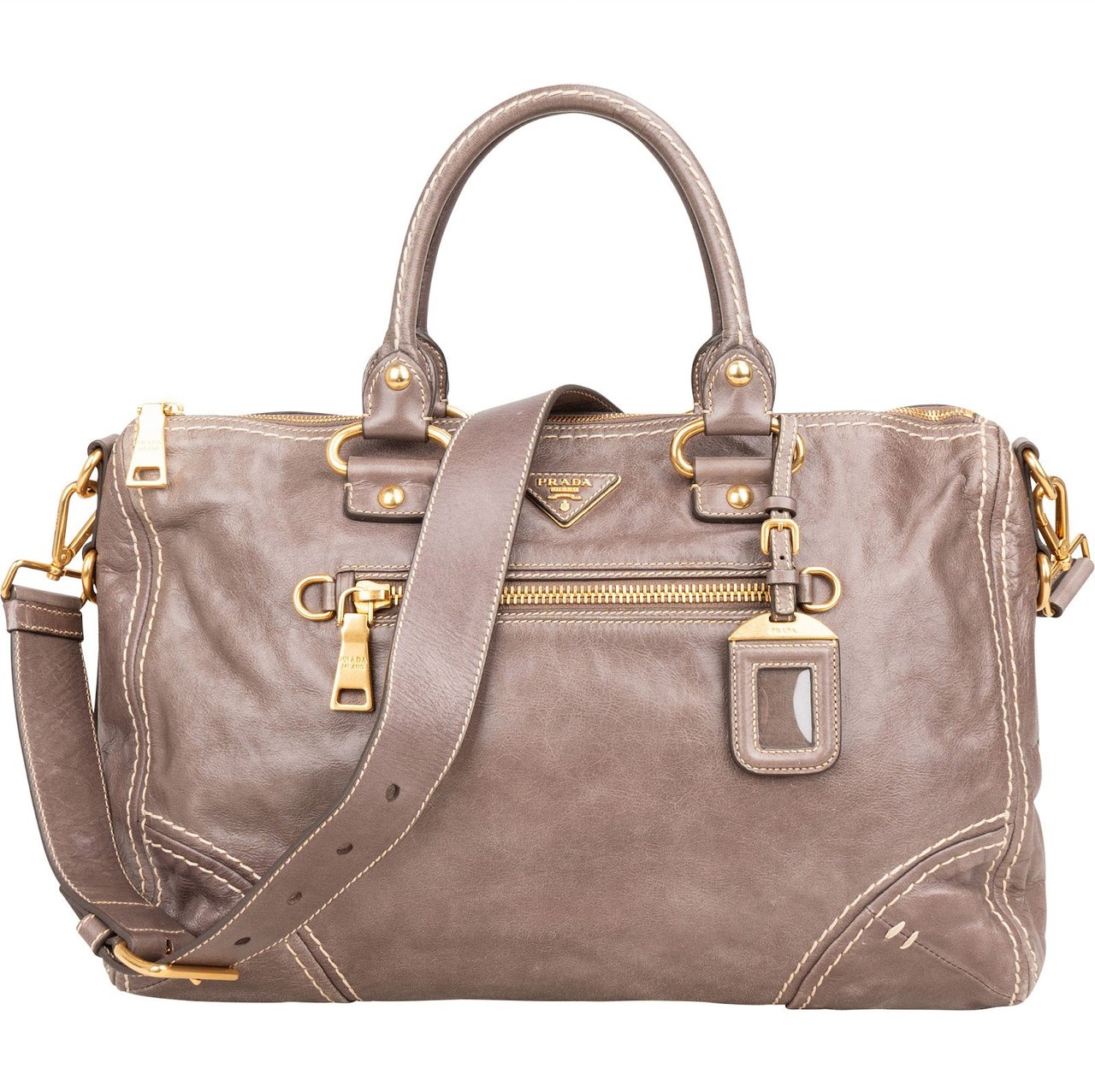 Prada Prada Vitello Lux Leather Bauletto Satchel Handbag Beige