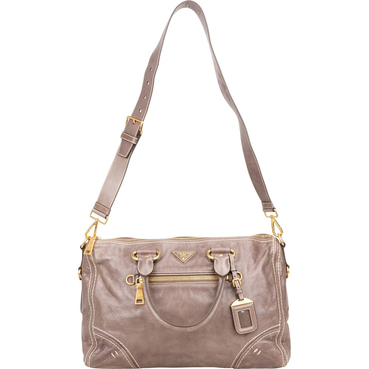Prada Prada Vitello Lux Leather Bauletto Satchel Handbag Beige