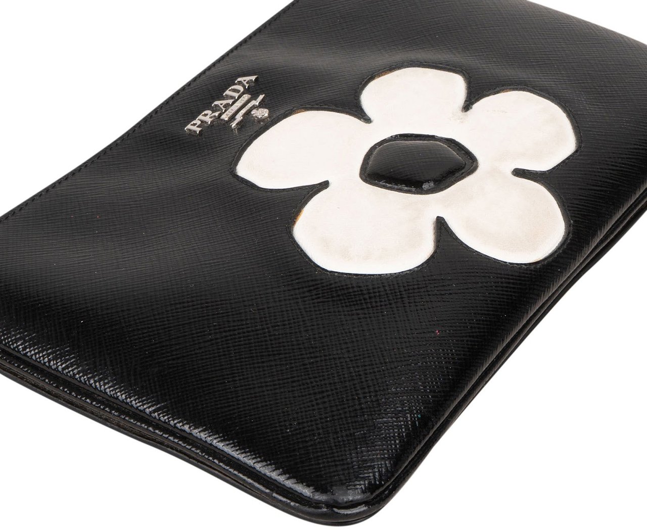 Prada Saffiano Patent Leather Flower Shoulder Bag Zwart