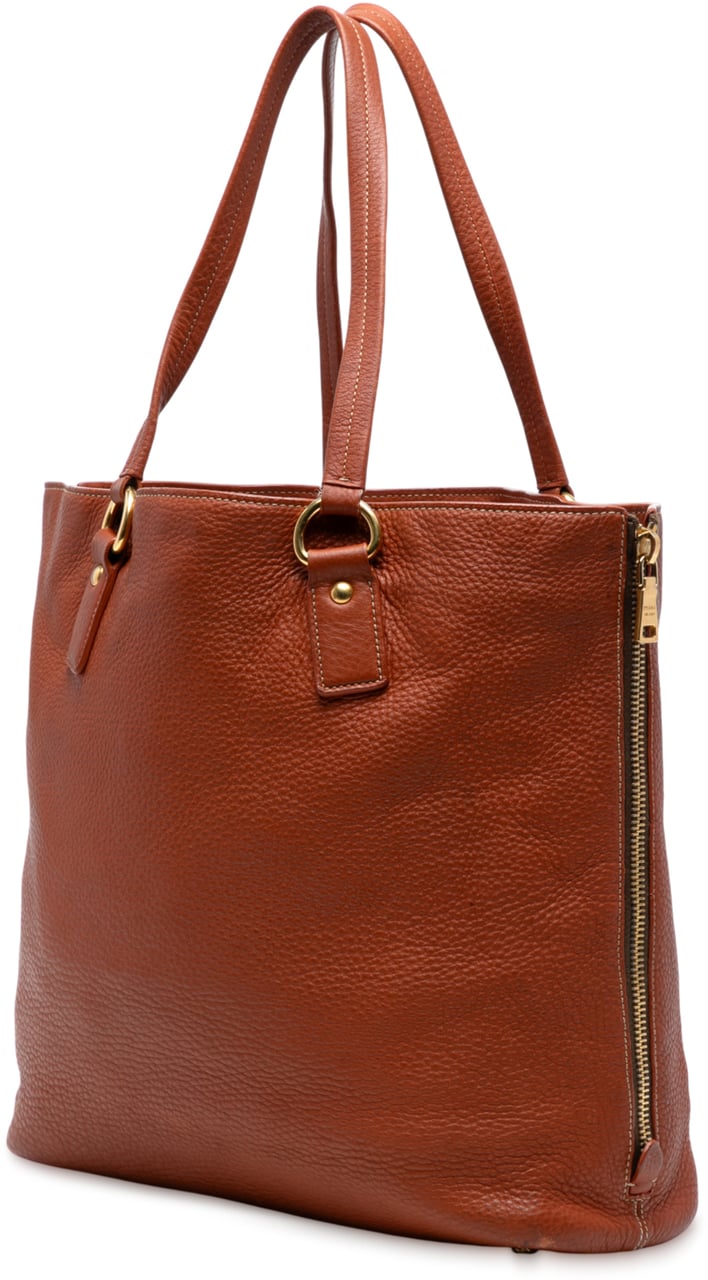 Prada Vitello Daino Side Zip Tote Bruin