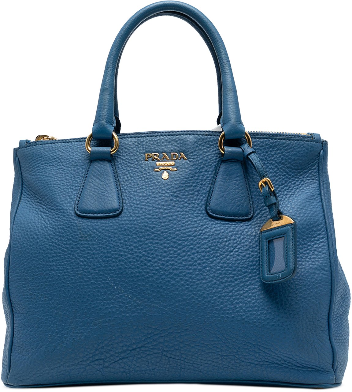 Prada Vitello Daino Double Zip Convertible Tote Blauw