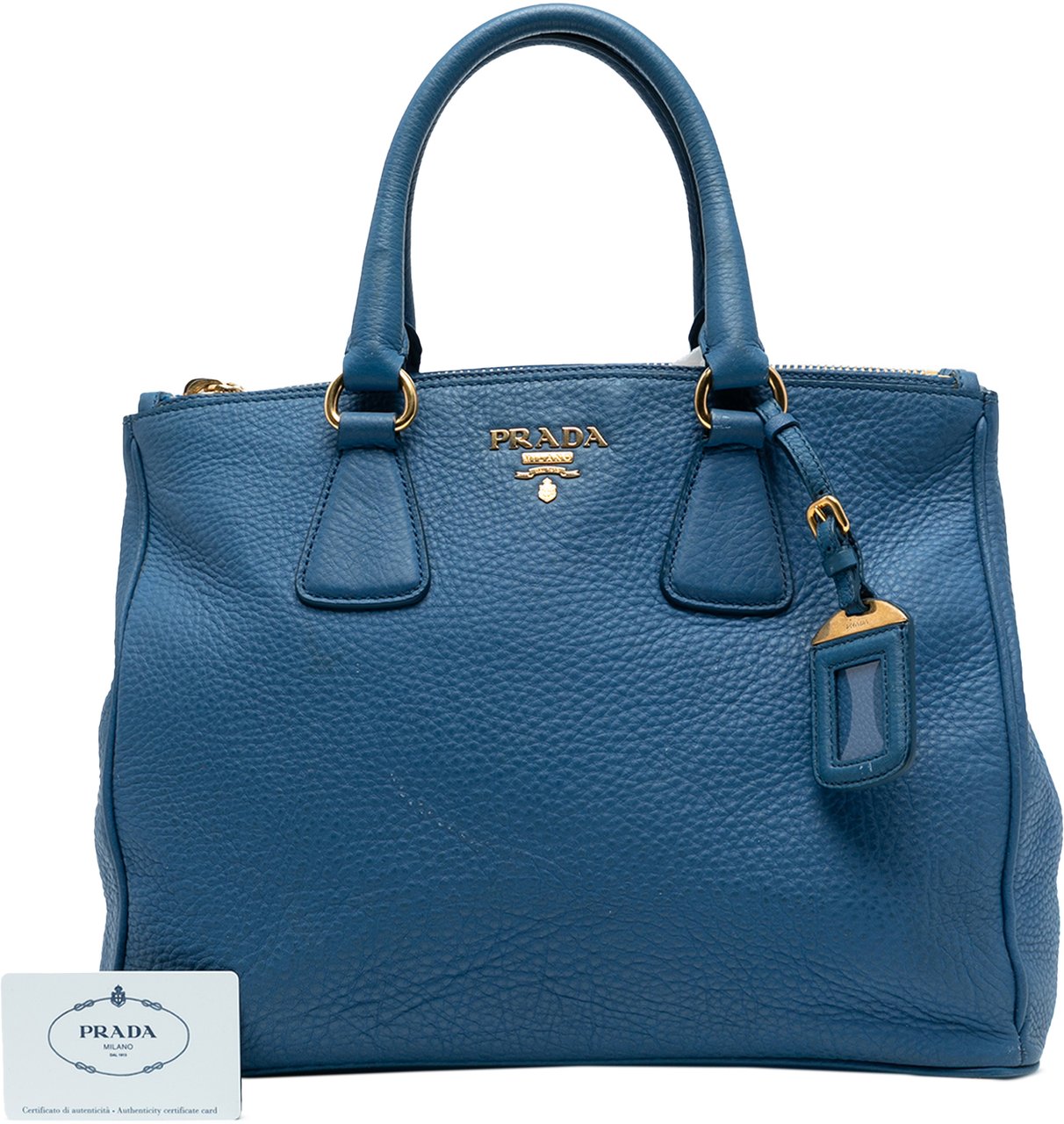 Prada Vitello Daino Double Zip Convertible Tote Blauw