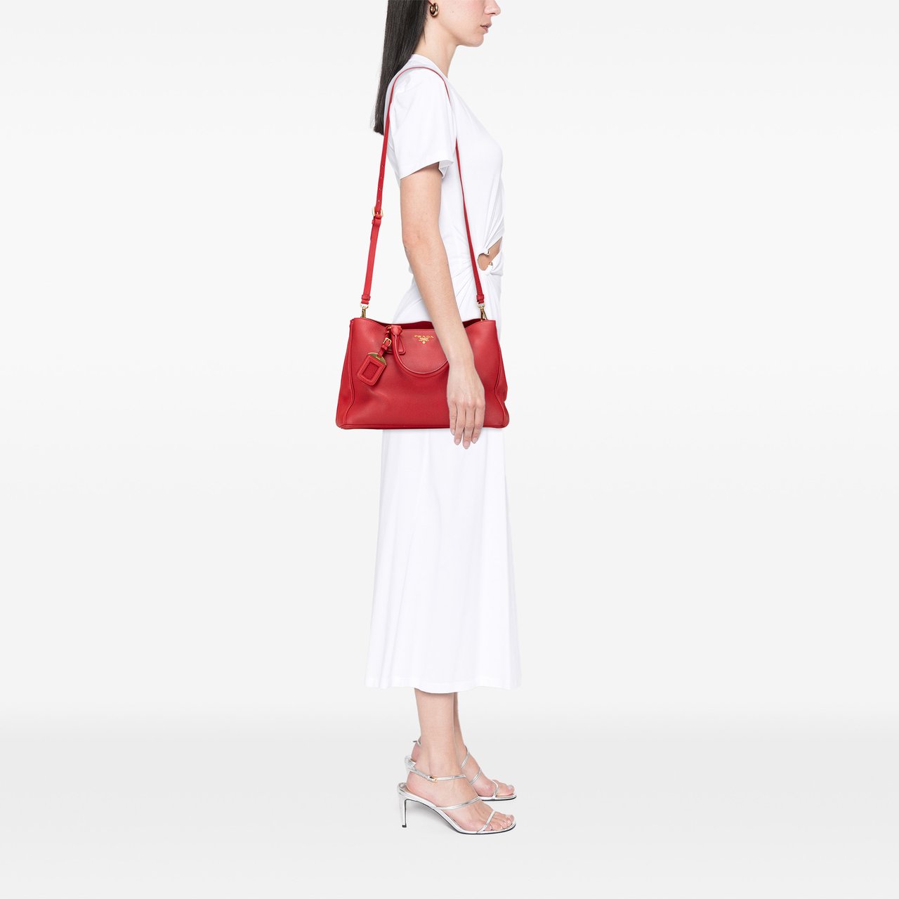 Prada Vitello Daino Open Convertible Tote Rood