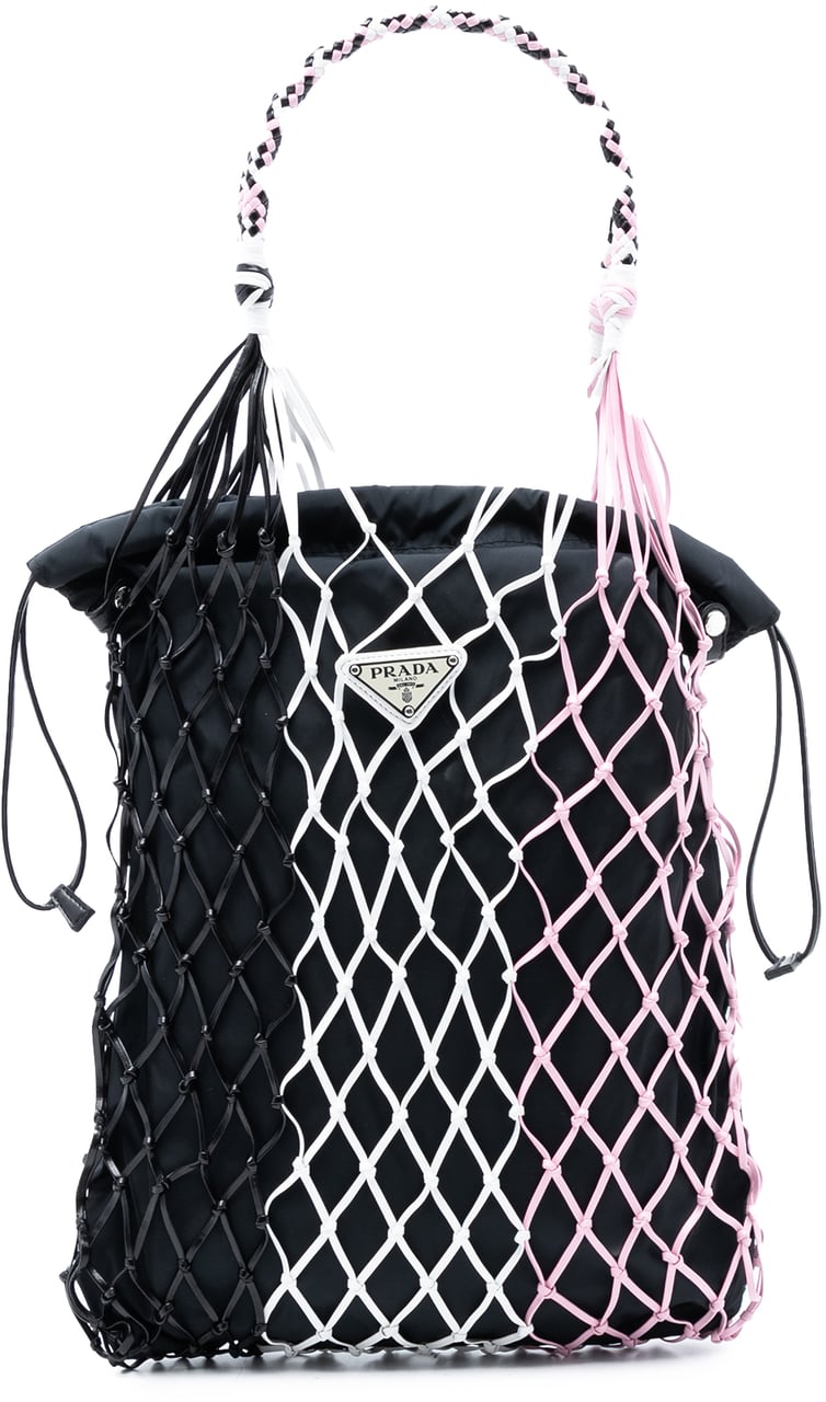 Prada Tessuto and Tricolor Rete Drawstring Tote Zwart