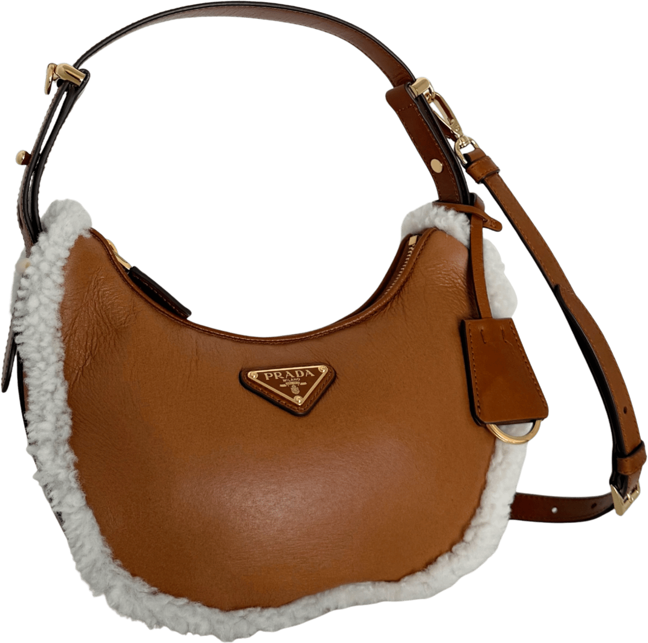 Prada Prada kleine Arqué Schultertasche aus Lammfell Cognac / neuwertig Bruin