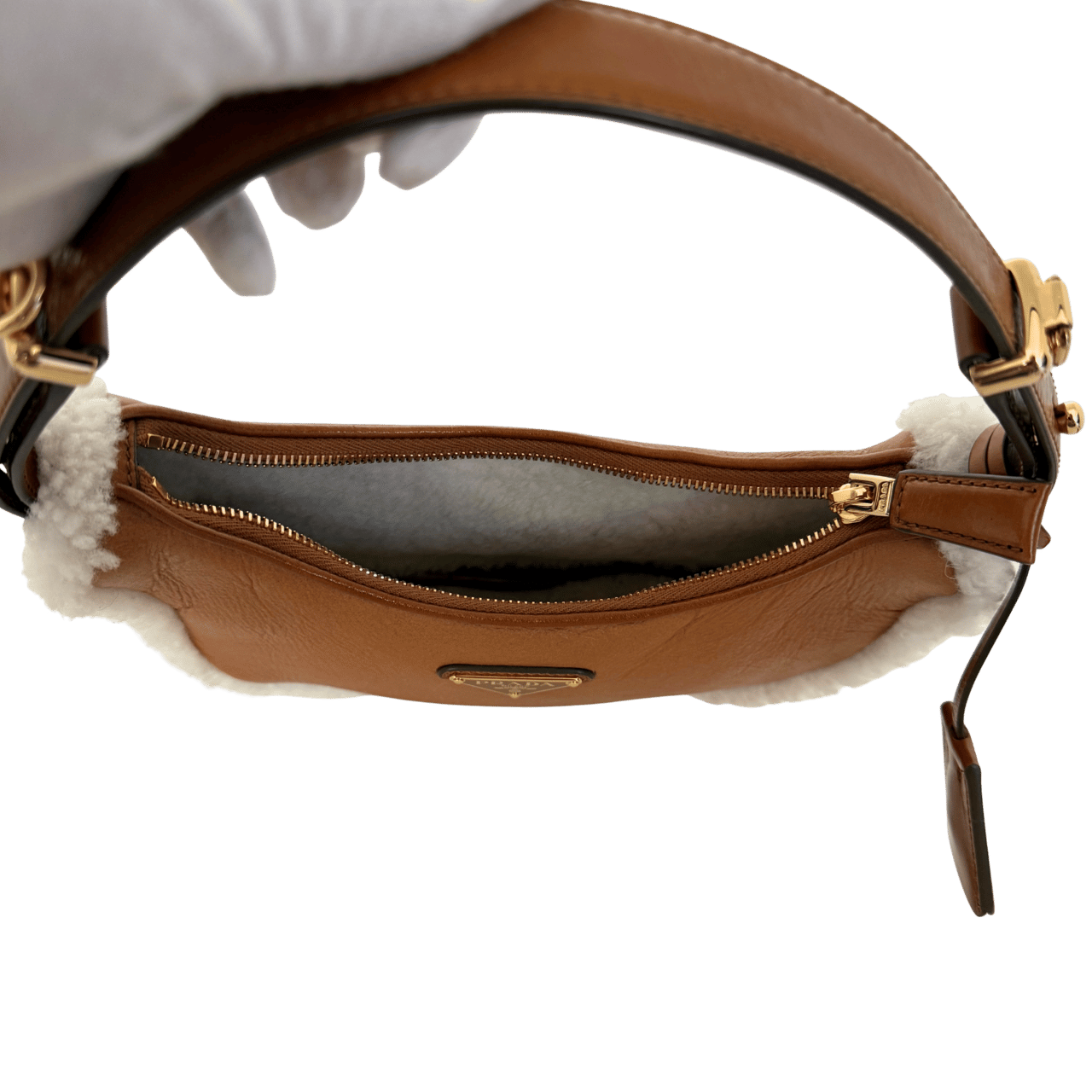 Prada Prada kleine Arqué Schultertasche aus Lammfell Cognac / neuwertig Bruin