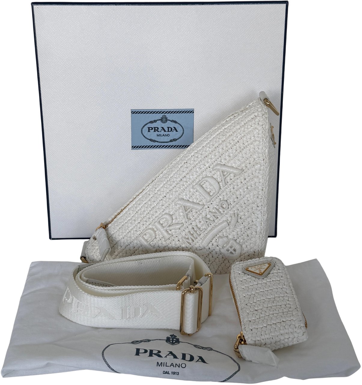 Prada Prada Triangle Logo Zip Häkeltasche Raffia small weiß / neuwertig Wit