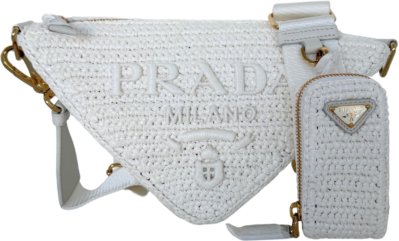 Prada Prada Triangle Logo Zip Häkeltasche Raffia small weiß / neuwertig Wit