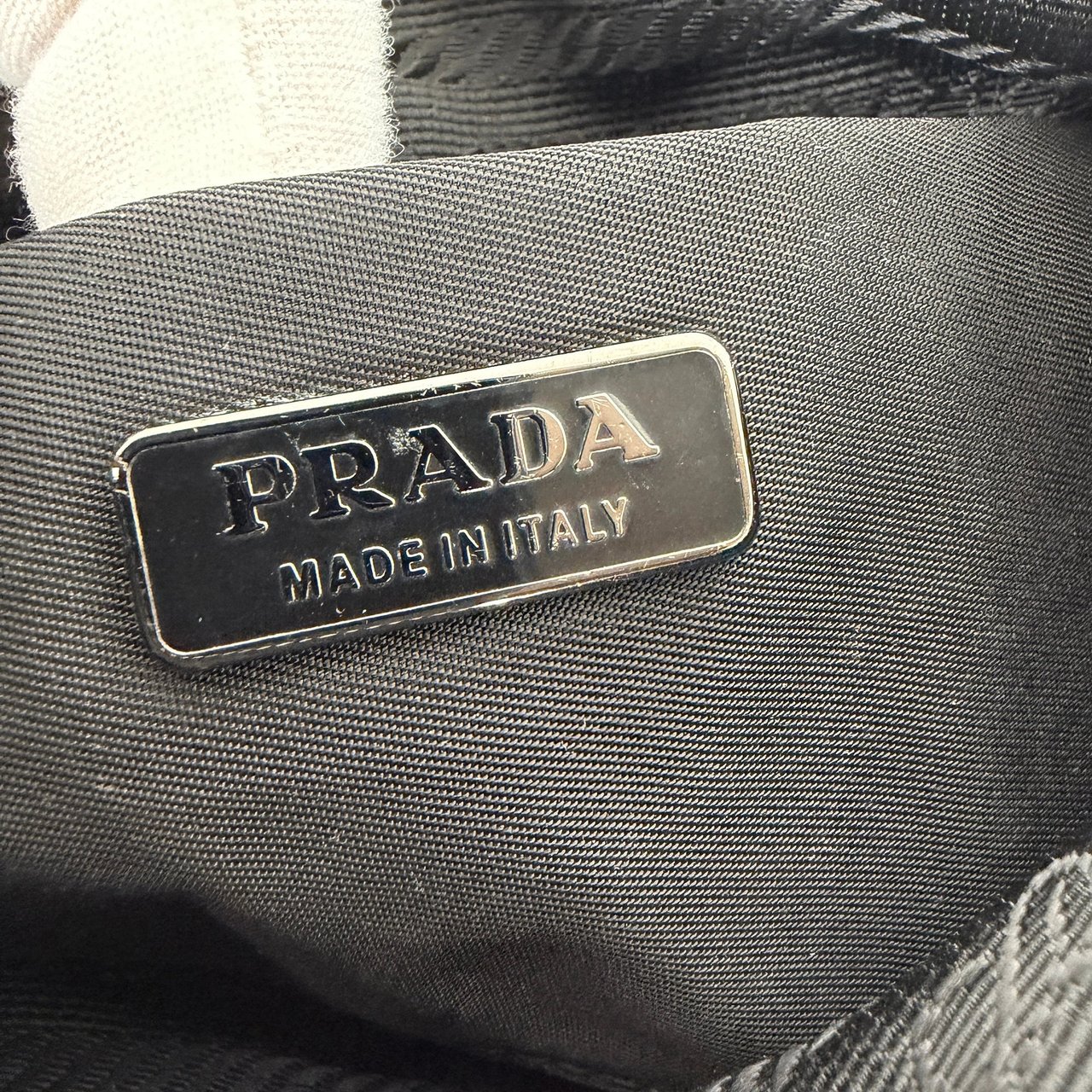 Prada Mini Bag in black nylon with rhinestone logo / very good Zwart
