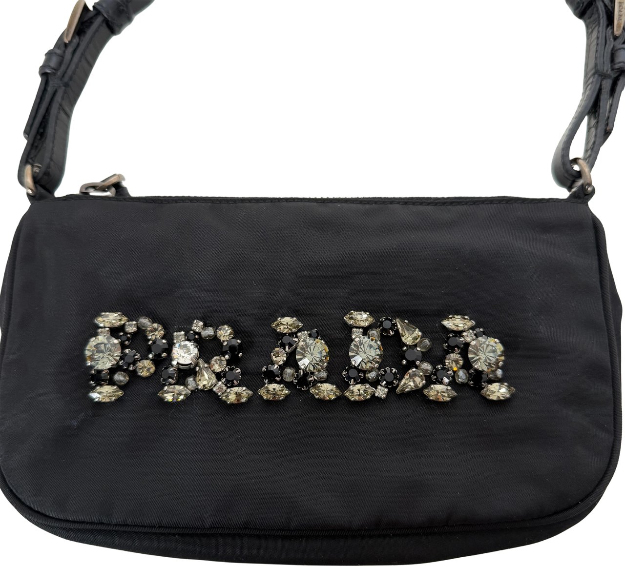 Prada Mini Bag in black nylon with rhinestone logo / very good Zwart