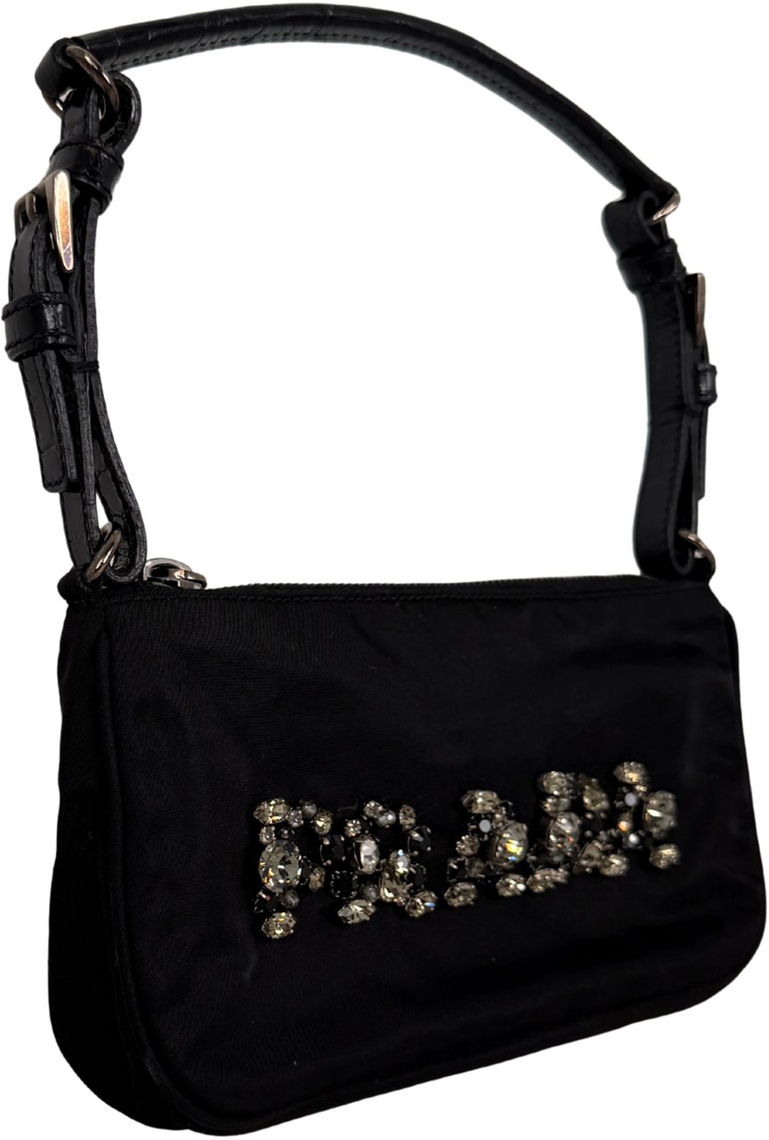 Prada Mini Bag in black nylon with rhinestone logo / very good Zwart