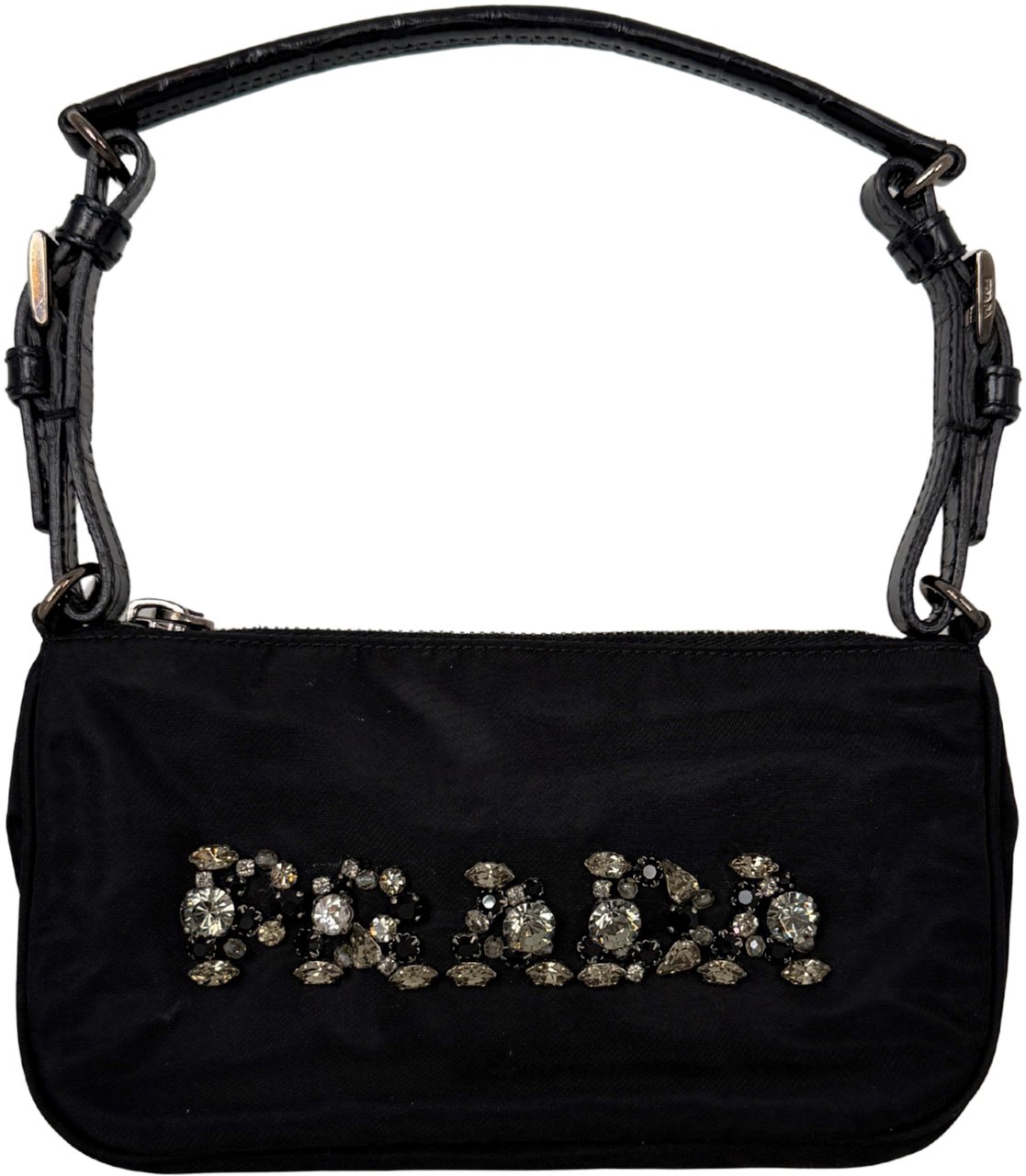 Prada Mini Bag in black nylon with rhinestone logo / very good Zwart