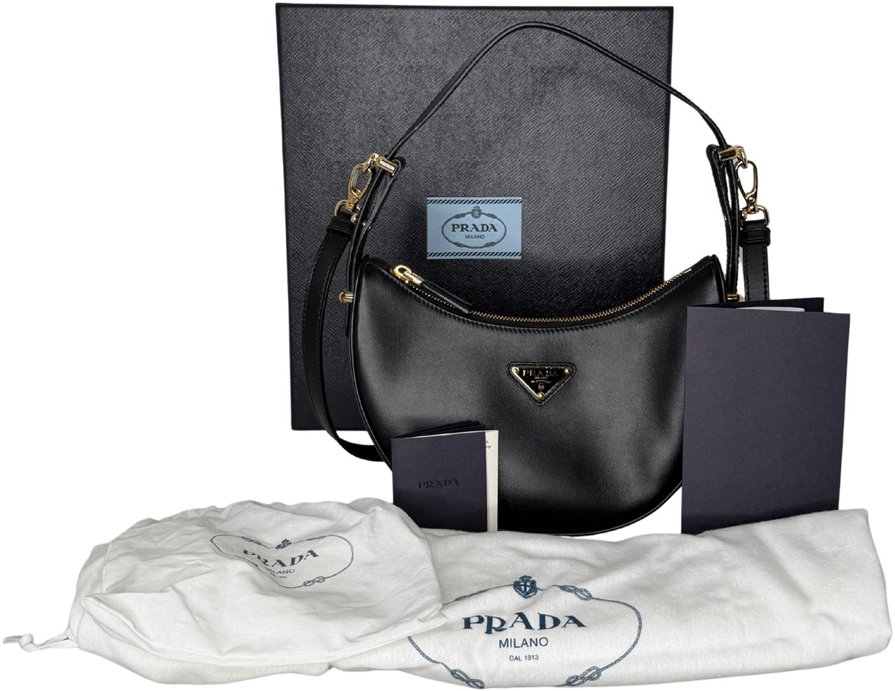 Prada Small Arqué Shoulder Bag Leather Black Full Set / Very Good Bruin