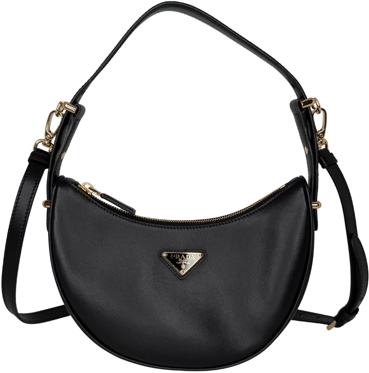 Prada Small Arqué Shoulder Bag Leather Black Full Set / Very Good Bruin