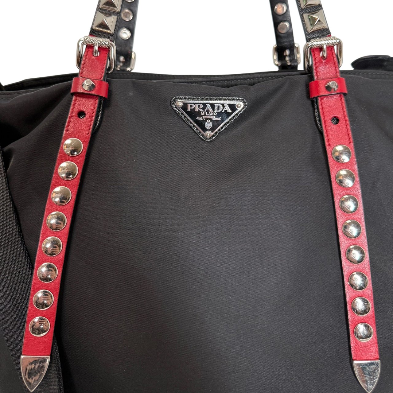 Prada Nylon New Vela Studded Tote Bag schwarz Zwart