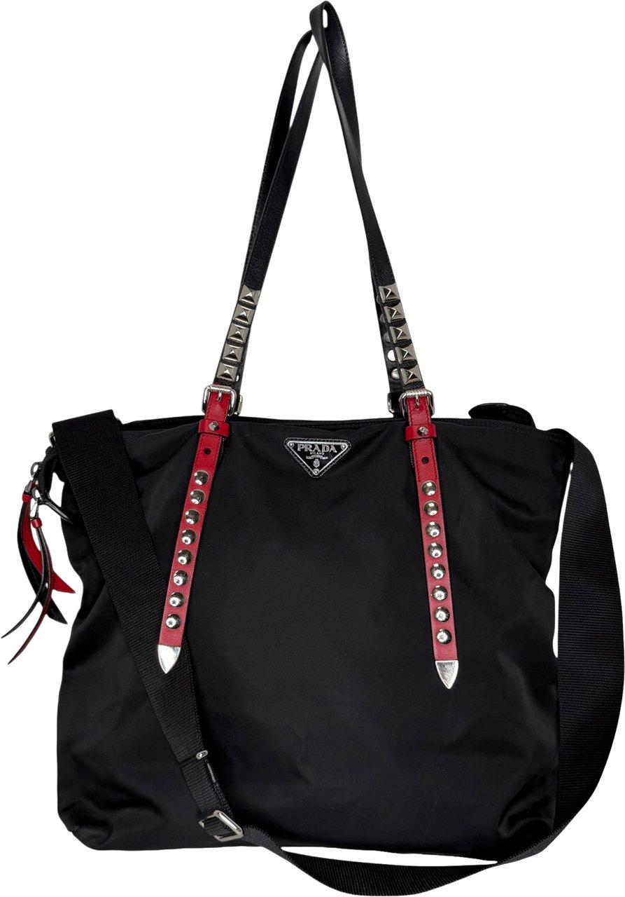 Prada Nylon New Vela Studded Tote Bag schwarz Zwart