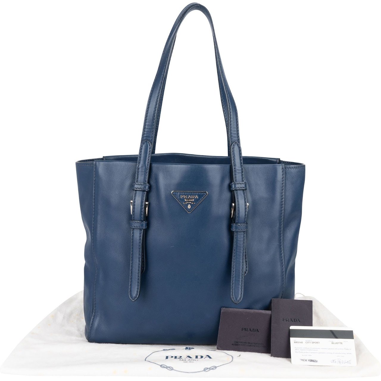 Prada Prada Blue Leather Tote Shoulder Bag Blauw