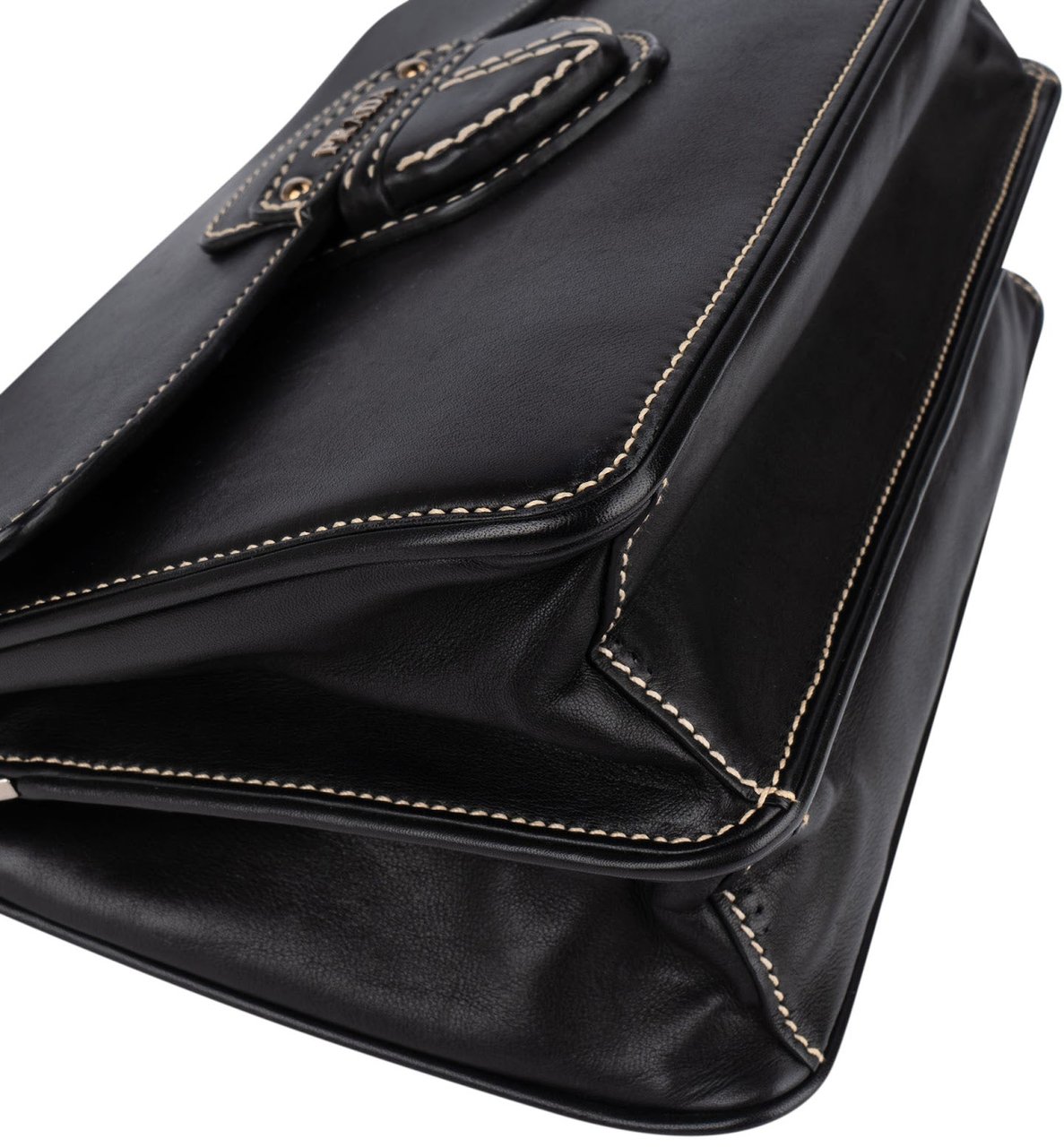 Prada Leather Contrast Stitch Flap Crossbody Bag Zwart