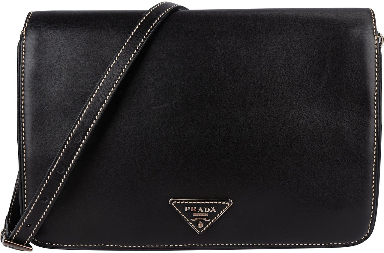 Prada Leather Contrast Stitch Flap Crossbody Bag Zwart