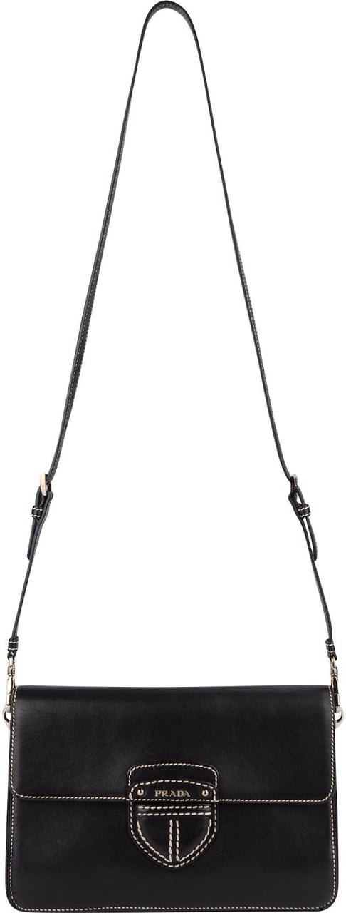 Prada Leather Contrast Stitch Flap Crossbody Bag Zwart