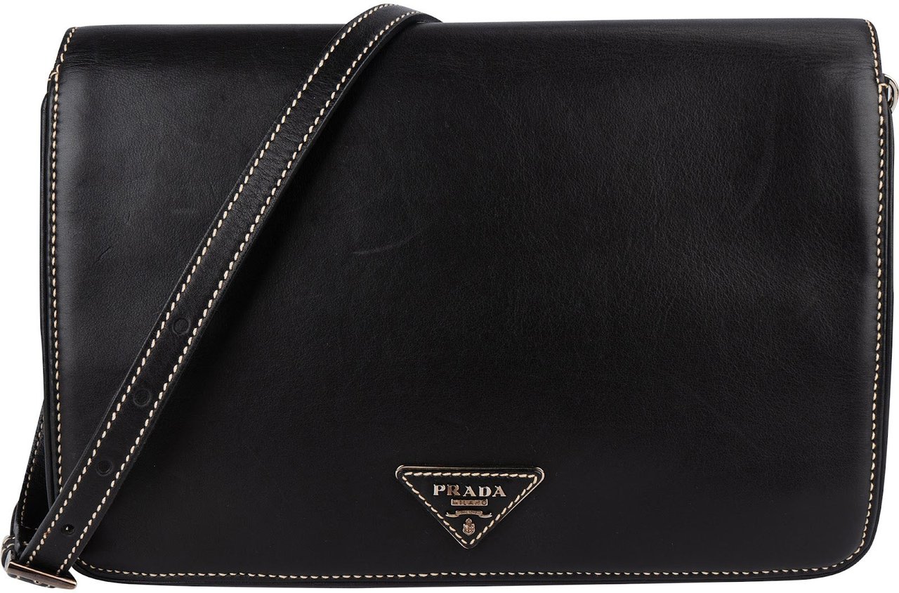 Prada Leather Contrast Stitch Flap Crossbody Bag Zwart