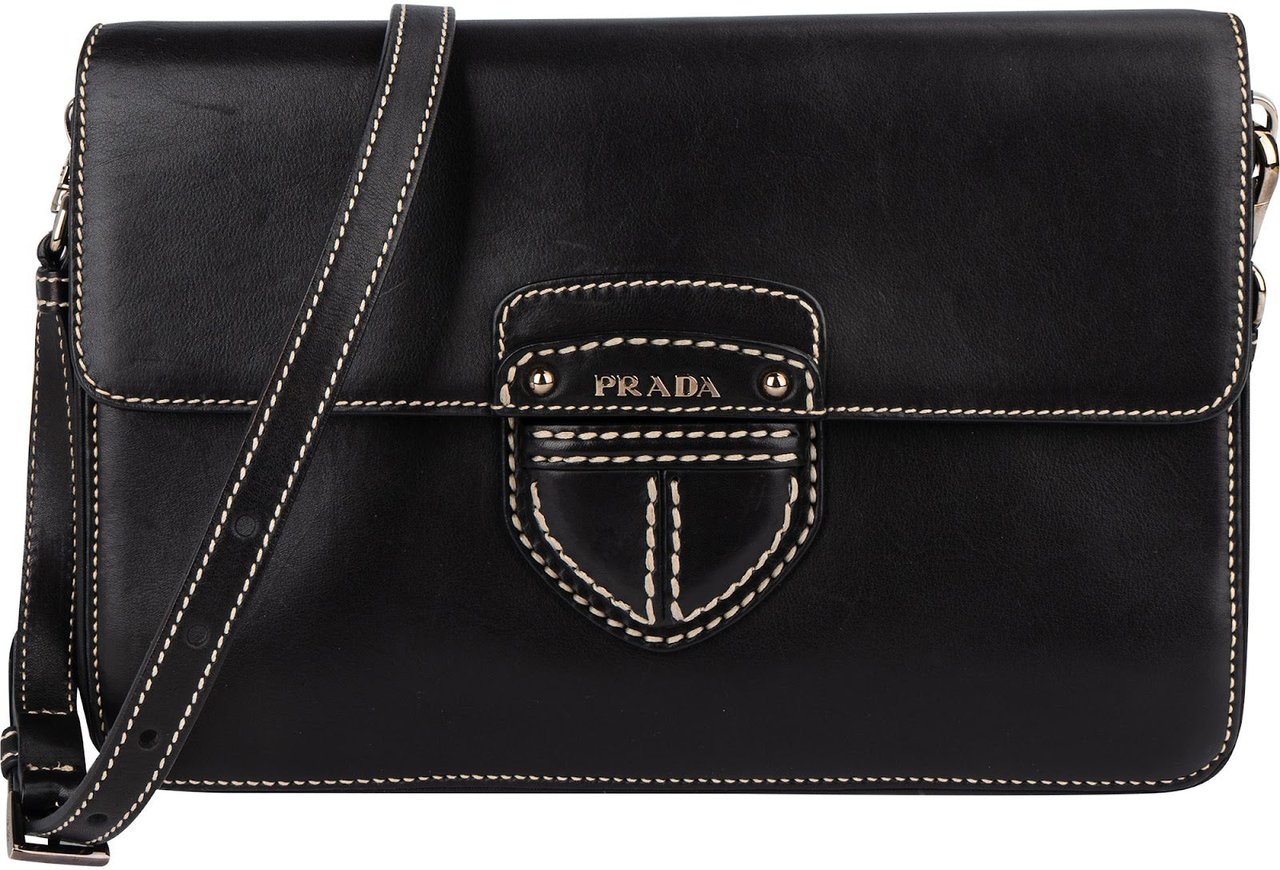 Prada Leather Contrast Stitch Flap Crossbody Bag Zwart