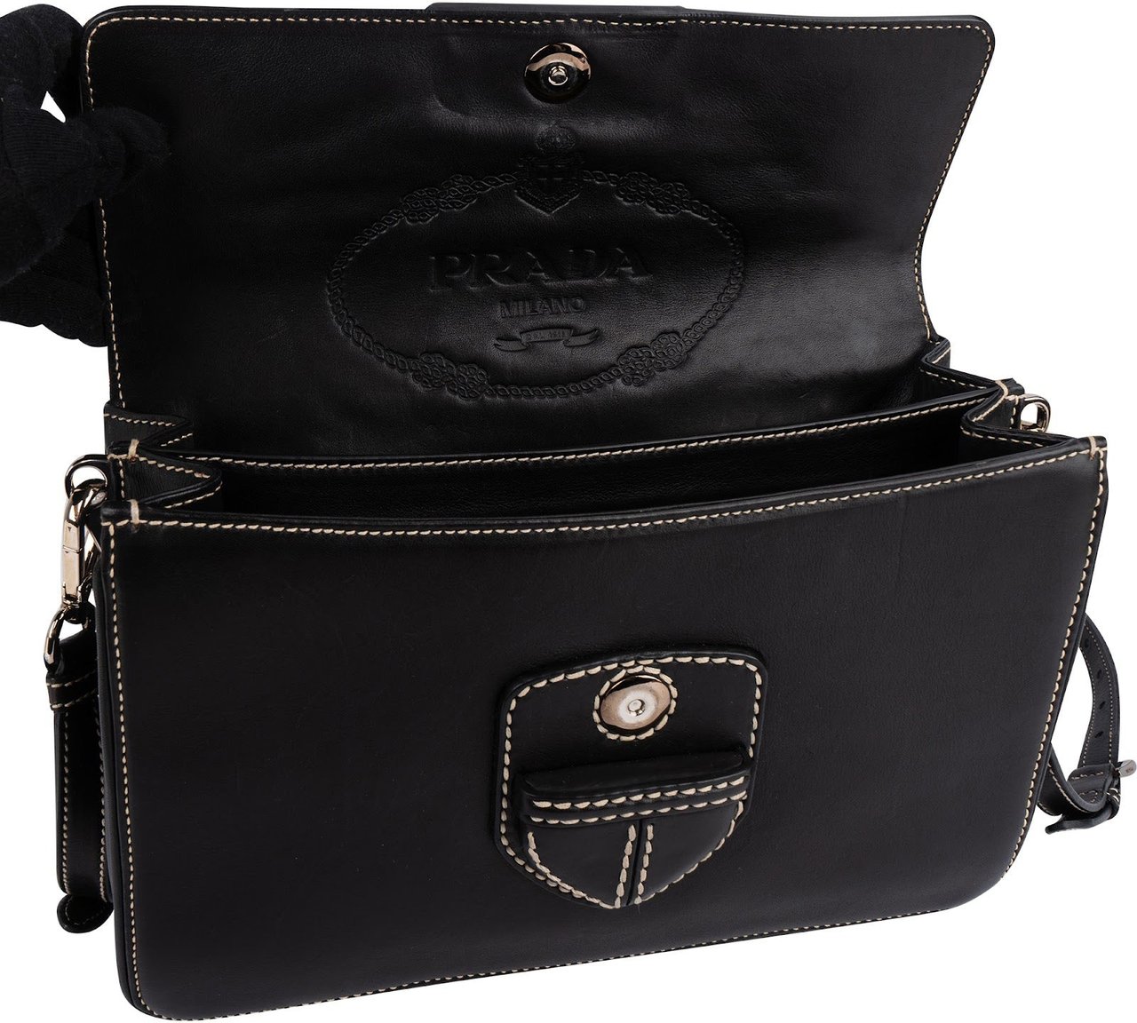 Prada Leather Contrast Stitch Flap Crossbody Bag Zwart