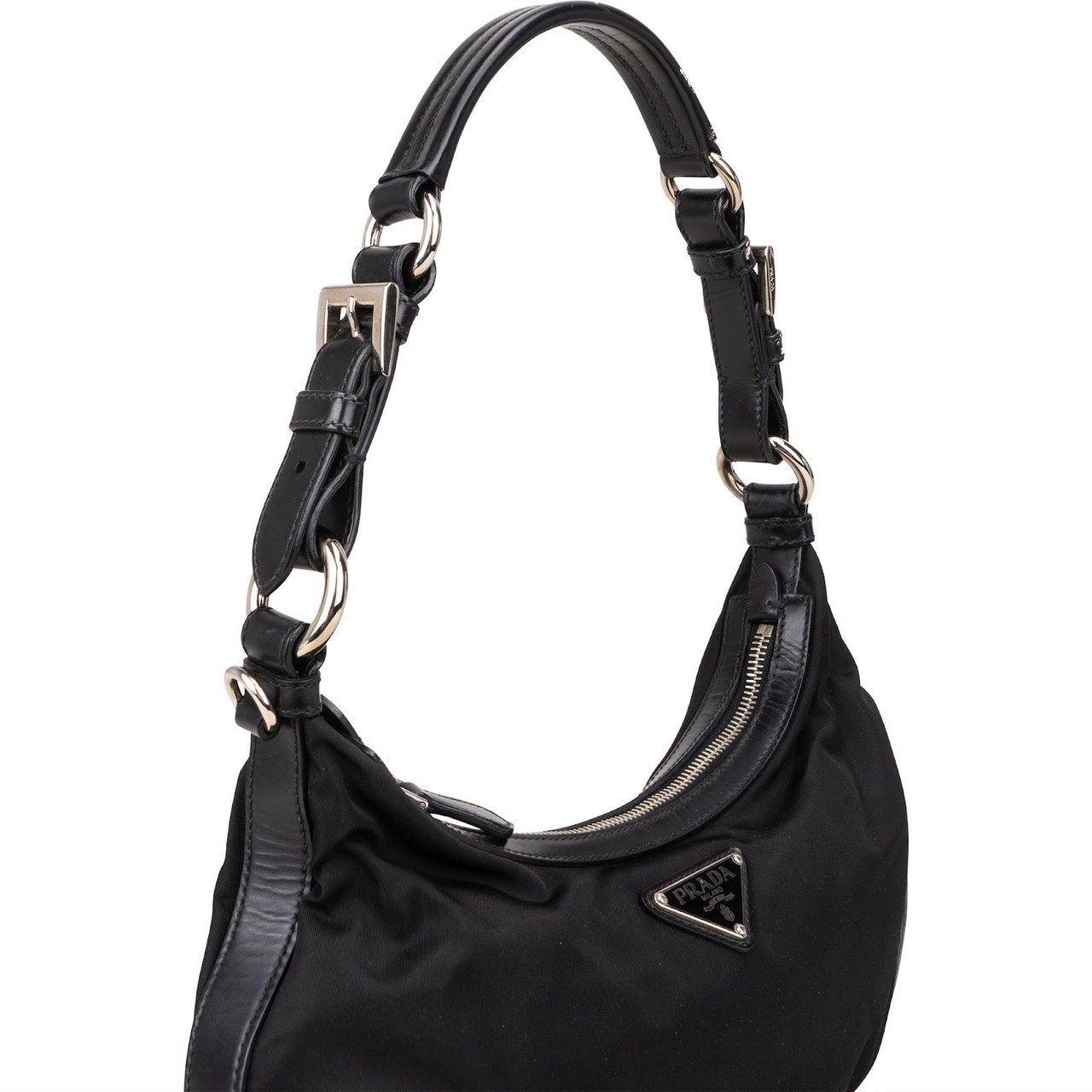 Prada Prada Tessuto and Leather Triangle Hobo Shoulder Bag Zwart