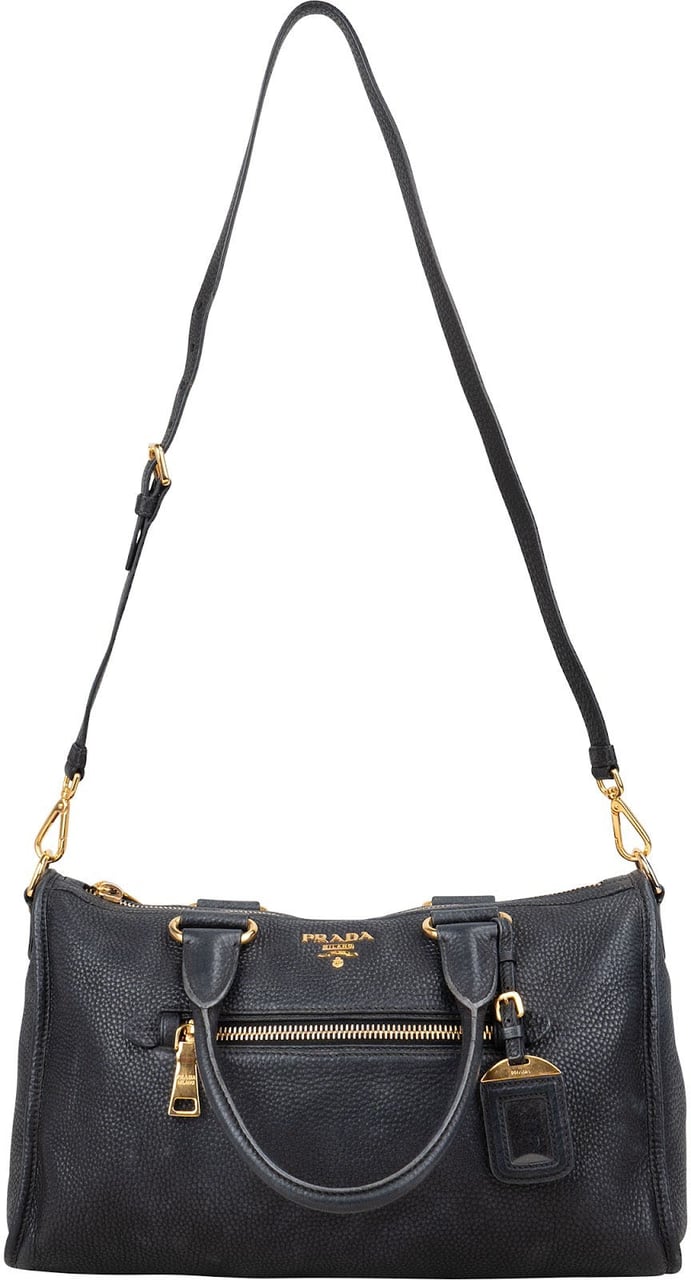 Prada Prada Black Leather Vitello Daino Handbag Zwart