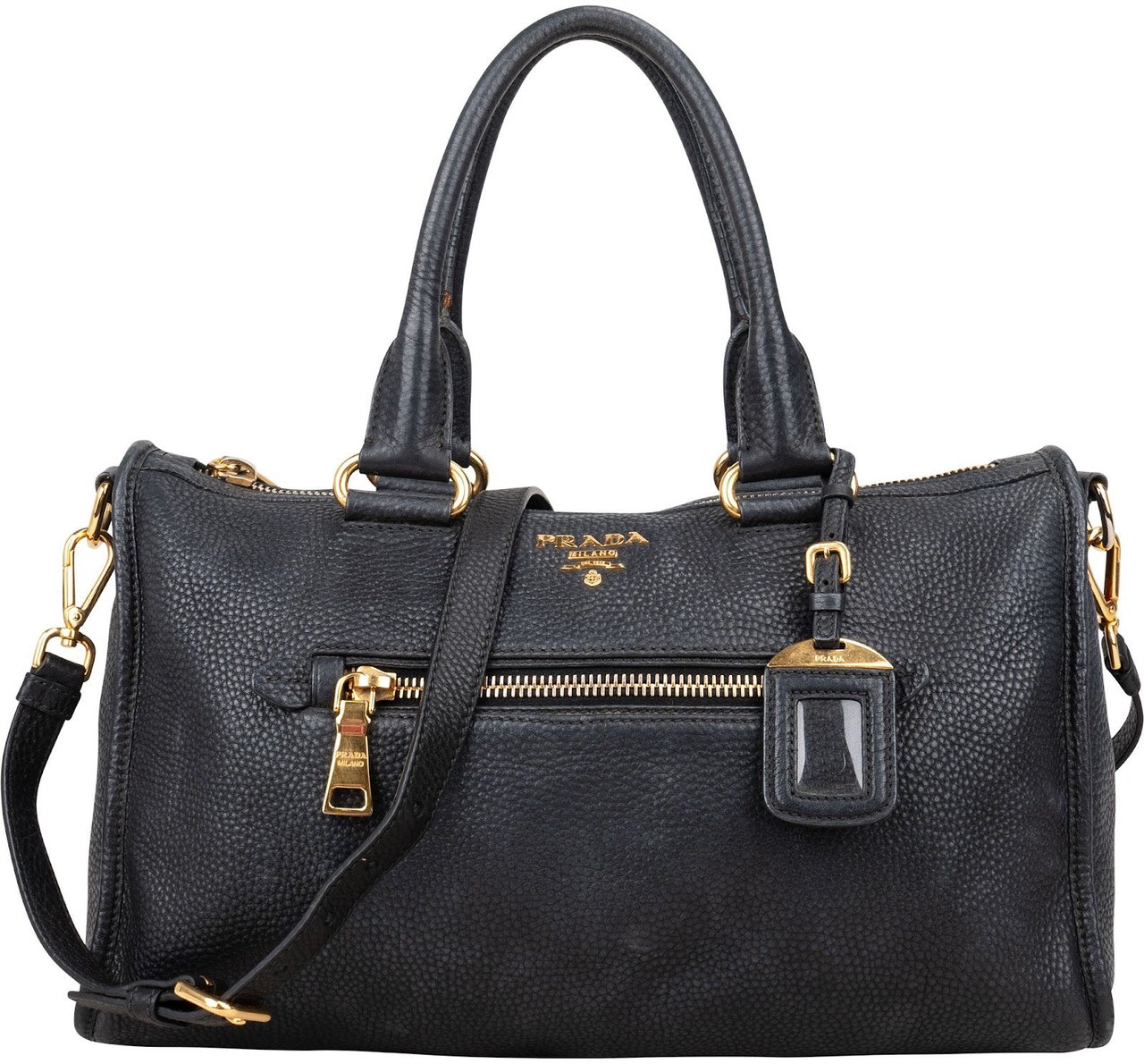 Prada Prada Black Leather Vitello Daino Handbag Zwart
